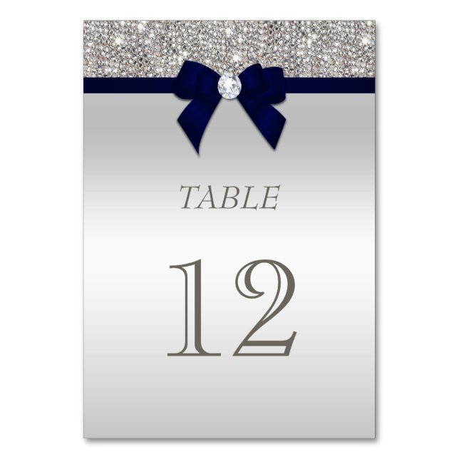Navy Blue Faux Bow Silver Sequins Table Number (Front)