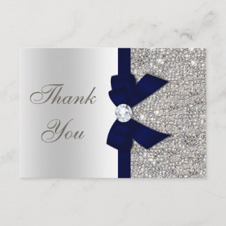 Navy Blue Faux Bow Silver Sequins Thank You Card
