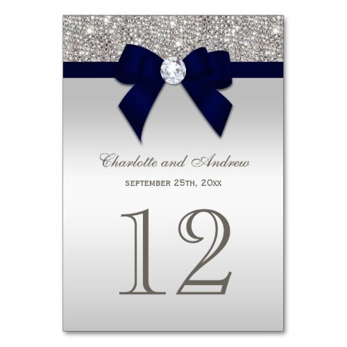 Navy Blue Faux Bow Silver Sequins Wedding Table Number