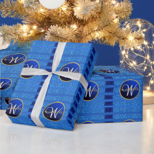 Navy Blue Faux Glitter Bokeh Sparkly Monogram Wrapping Paper