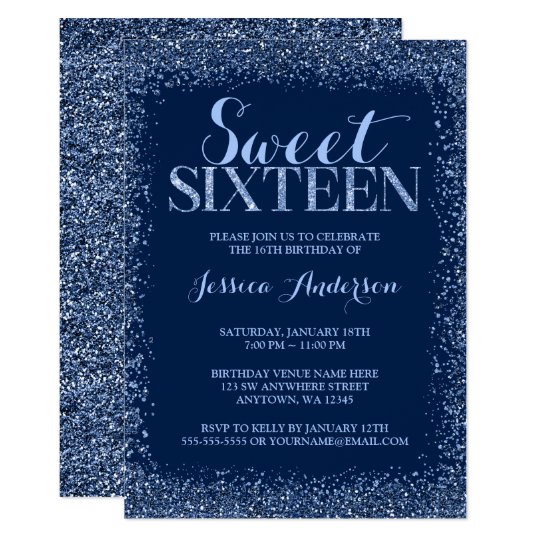 Navy Blue Faux Glitter Sweet 16 Birthday Invitation