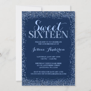 Navy Blue Faux Glitter Sweet 16 Birthday Invitation