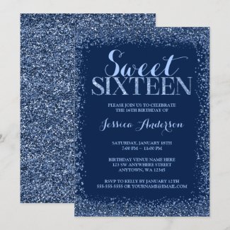 Navy Blue Faux Glitter Sweet 16 Birthday Invitation