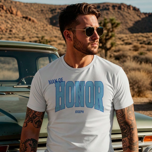 Navy + Blue Faux Glitter Varsity MAN OF HONOR T-Shirt (Personalize with names, dates, locations or events)