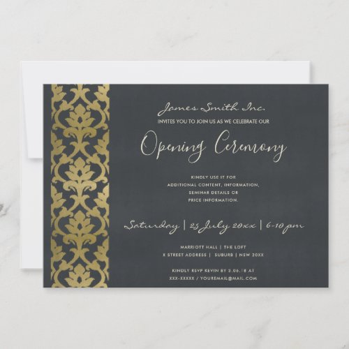 NAVY BLUE FAUX GOLD DAMASK GRAND OPENING CEREMONY INVITATION