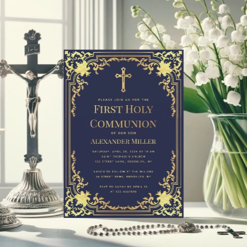 Navy Blue Faux Gold Elegant Boy First Communion Invitation
