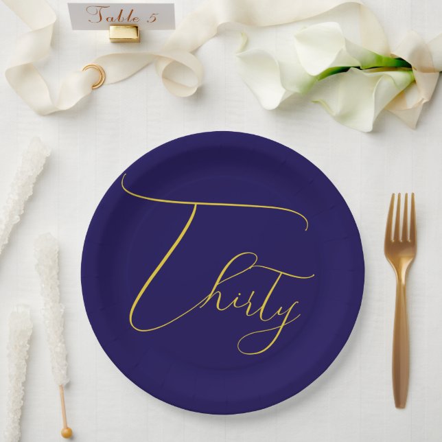 Navy Blue & Faux Gold Foil 30th Birthday  Paper Plates (Wedding)