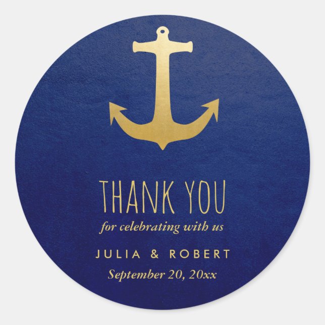 Navy Blue Faux Gold Foil Anchor Wedding Thank You Classic Round Sticker (Front)