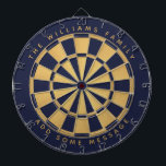 Navy Blue Faux Gold Foil Custom Name Geometric Dart Board<br><div class="desc">A classic dartboard design with alternating  navy blue and faux gold foil triangles. 

Above and below there are the name and a message as arched text,  in golden caps.</div>