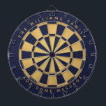 Navy Blue Faux Gold Foil Custom Name Geometric Dart Board<br><div class="desc">A classic dartboard design with alternating  navy blue and faux gold foil triangles. 

Above and below there are the name and a message as arched text,  in golden caps.</div>
