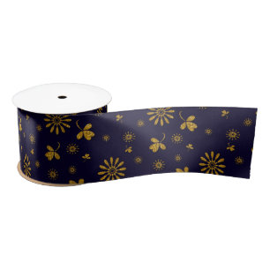 Navy Blue Faux Gold Foil Floral Leaves Satin Ribbon