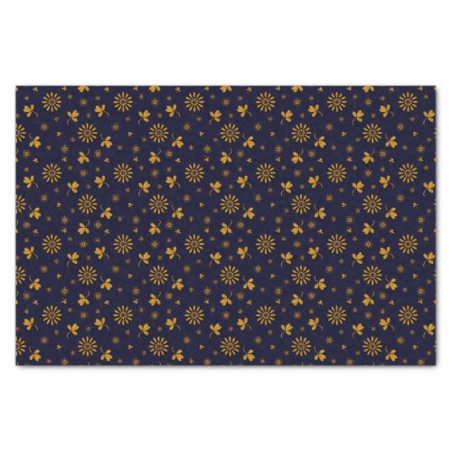 Navy Blue Faux Gold Foil Floral Leaves Tissue Paper