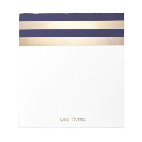 Navy Blue Faux Gold Foil Stripes Name Notepad
