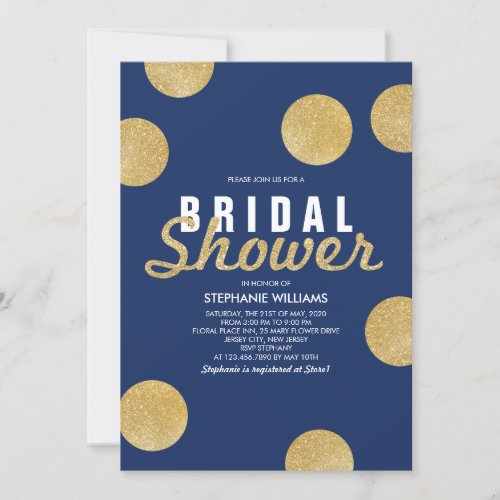 Navy Blue Faux Gold Glitter Bridal Shower Invite