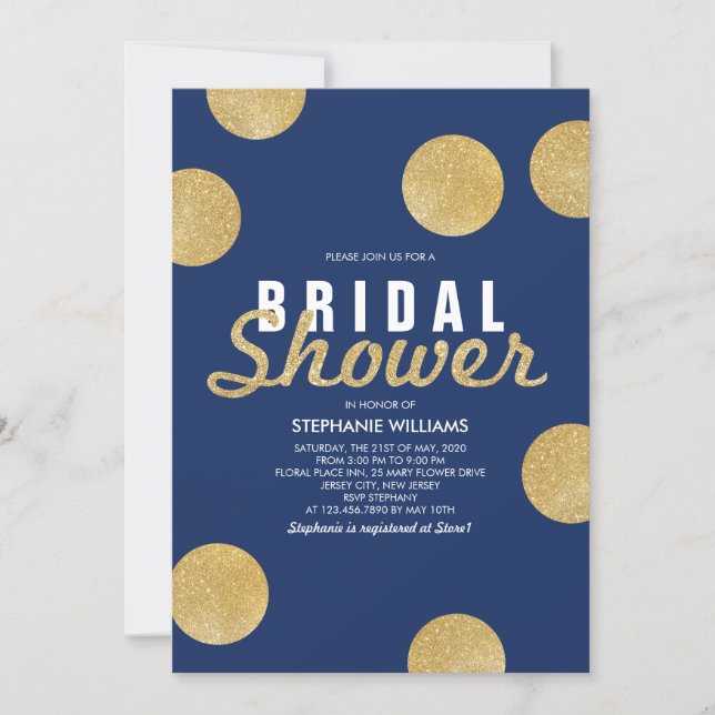 Navy Blue Faux Gold Glitter Bridal Shower Invite (Front)