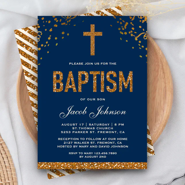 Navy Blue Faux Gold Glitter Cross Royal Baptism Invitation | Zazzle