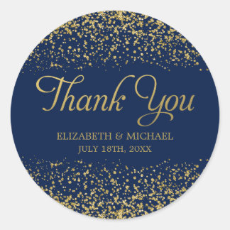 Navy Blue Faux Gold Glitter Wedding Thank You Classic Round Sticker