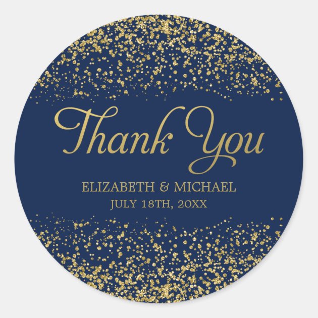 Navy Blue Faux Gold Glitter Wedding Thank You Classic Round Sticker