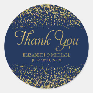 Navy Blue Faux Gold Glitter Wedding Thank You Classic Round Sticker