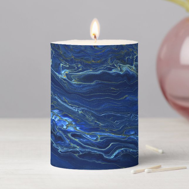 Navy Blue & Faux Gold Marble Acrylic Abstraction  Pillar Candle (In Situ)