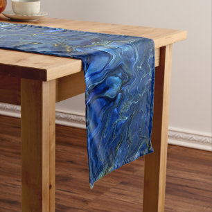 Navy Blue & Faux Gold Marble Acrylic Abstraction Short Table Runner