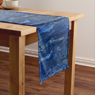 Navy Blue & Faux Gold Marble Acrylic Abstraction  Short Table Runner