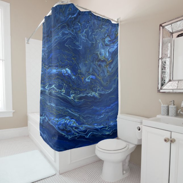 Navy Blue & Faux Gold Marble Acrylic Abstraction Shower Curtain (In Situ)
