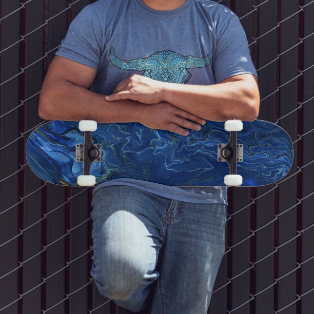 Navy Blue & Faux Gold Marble Acrylic Abstraction Skateboard (Outdoor 3)