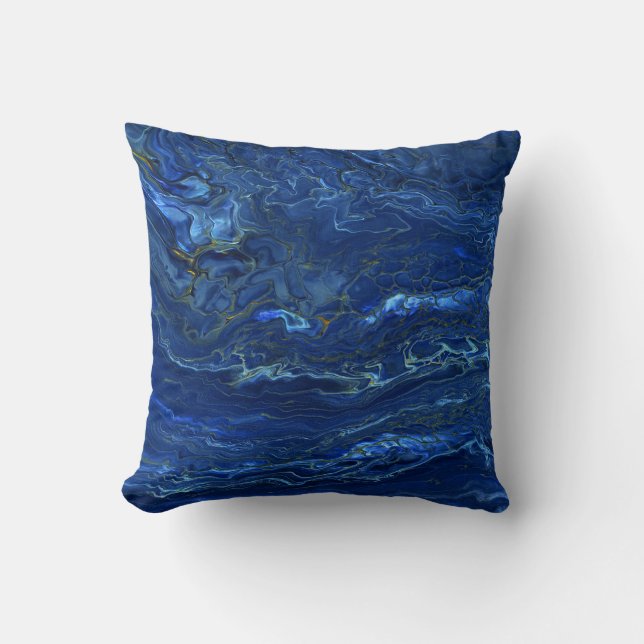 Navy Blue & Faux Gold Marble Acrylic Abstraction  Throw Pillow (Front)