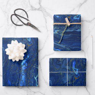 Navy Blue & Faux Gold Marble Acrylic Abstraction  Wrapping Paper Sheets