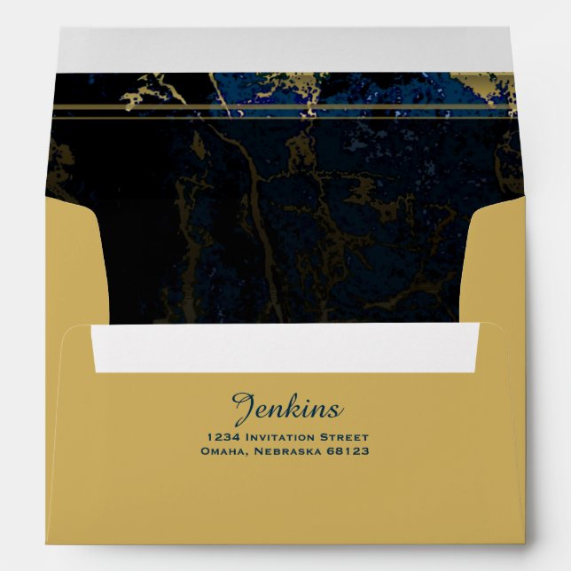 Navy Blue & (Faux) Gold Marble Wedding Envelope (Back (Bottom))
