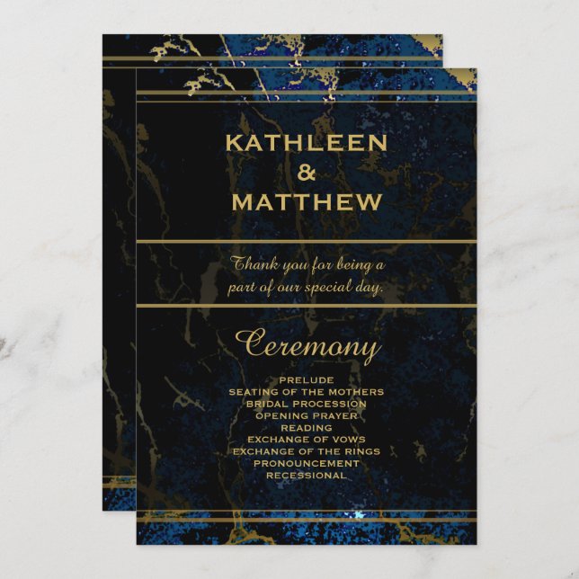 Navy Blue & (Faux) Gold Marble Wedding Program (Front/Back)
