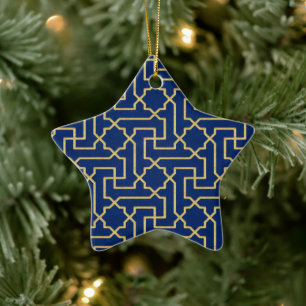 Navy Blue & Faux Gold Moroccan Mosaic Pattern Ceramic Ornament