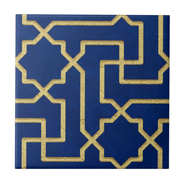 Navy Blue & Faux Gold Moroccan Mosaic Pattern  Ceramic Tile (Front)