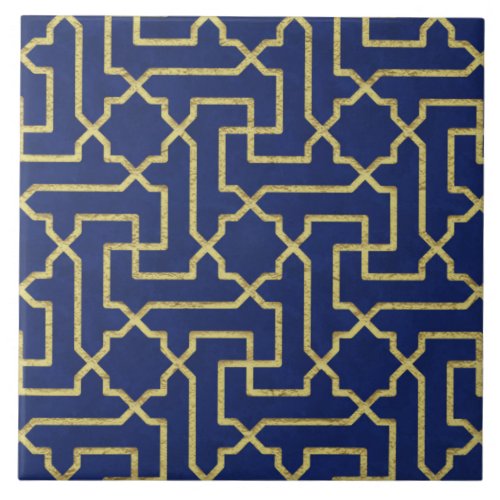 Navy Blue  Faux Gold Moroccan Mosaic Pattern Ceramic Tile