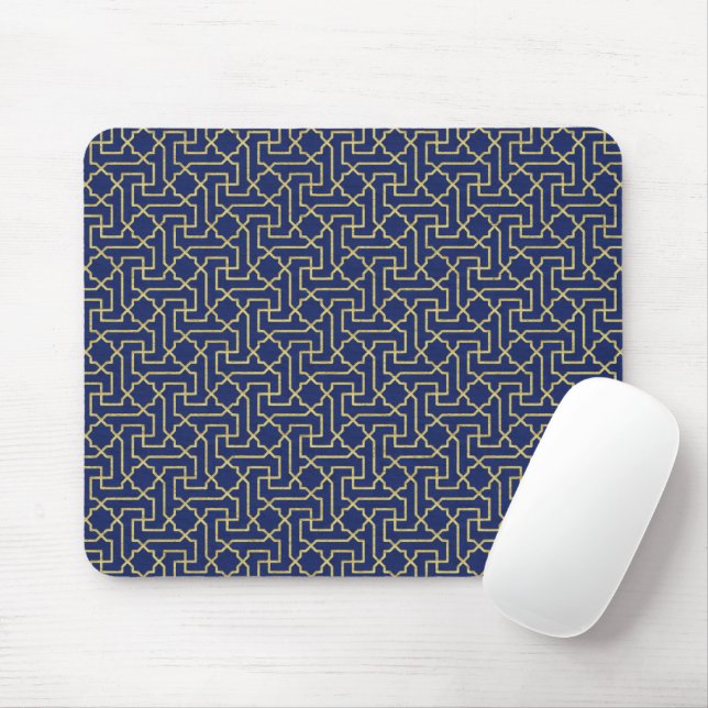 Navy Blue & Faux Gold Moroccan Mosaic Pattern Mouse Pad (With Mouse)
