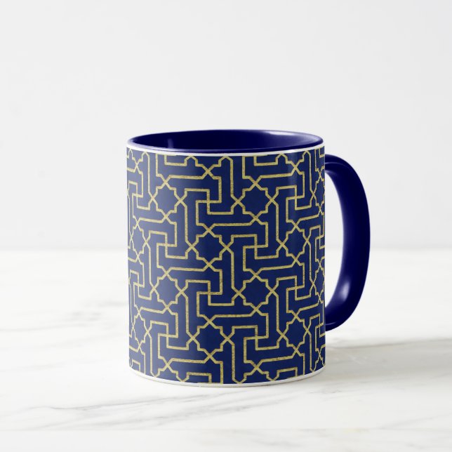 Navy Blue & Faux Gold Moroccan Mosaic Pattern Mug (Front Right)