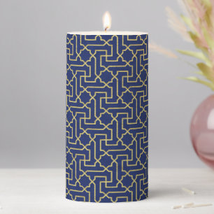 Navy Blue & Faux Gold Moroccan Mosaic Pattern Pillar Candle