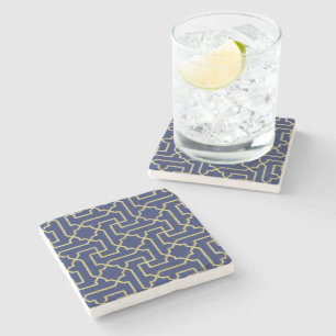 Navy Blue & Faux Gold Moroccan Mosaic Pattern Stone Coaster