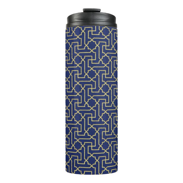 Navy Blue & Faux Gold Moroccan Mosaic Pattern Thermal Tumbler (Front)