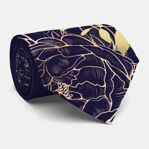 Navy Blue  Faux Gold Peony Modern Floral Wedding Neck Tie