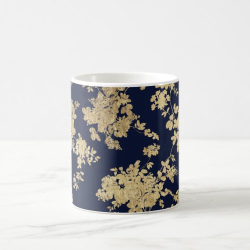 Navy blue faux gold shabby vintage chic floral coffee mug