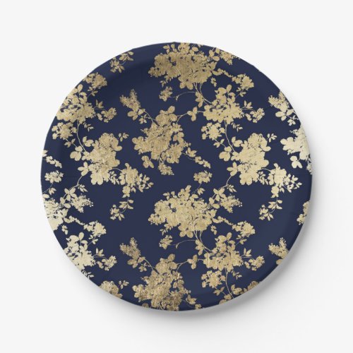 Navy blue faux gold shabby vintage chic floral paper plates