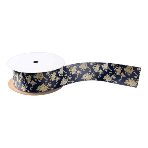 Navy blue faux gold shabby vintage chic floral satin ribbon