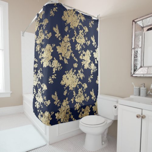 Navy blue faux gold shabby vintage chic floral shower curtain