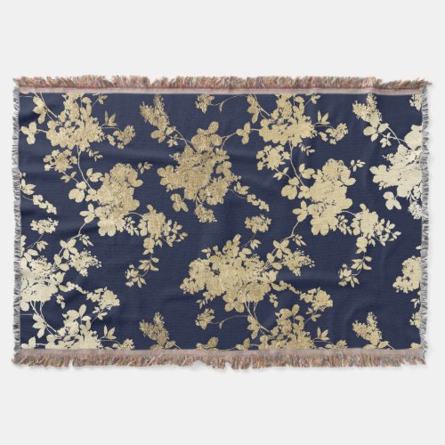 Navy blue faux gold shabby vintage chic floral throw blanket