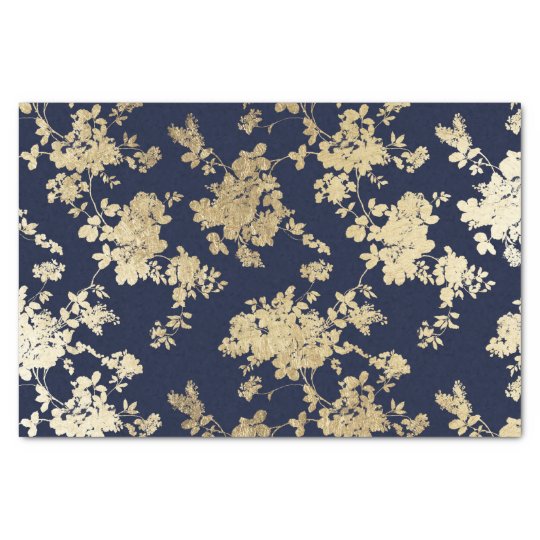 Navy blue faux gold shabby vintage chic floral tissue paper | Zazzle.com