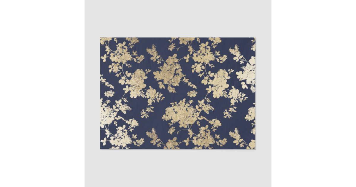 Navy blue faux gold shabby vintage chic floral tissue paper | Zazzle
