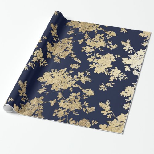 Navy blue faux gold shabby vintage chic floral wrapping paper