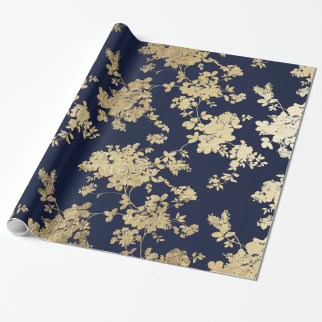 Navy blue faux gold shabby vintage chic floral wrapping paper | Zazzle